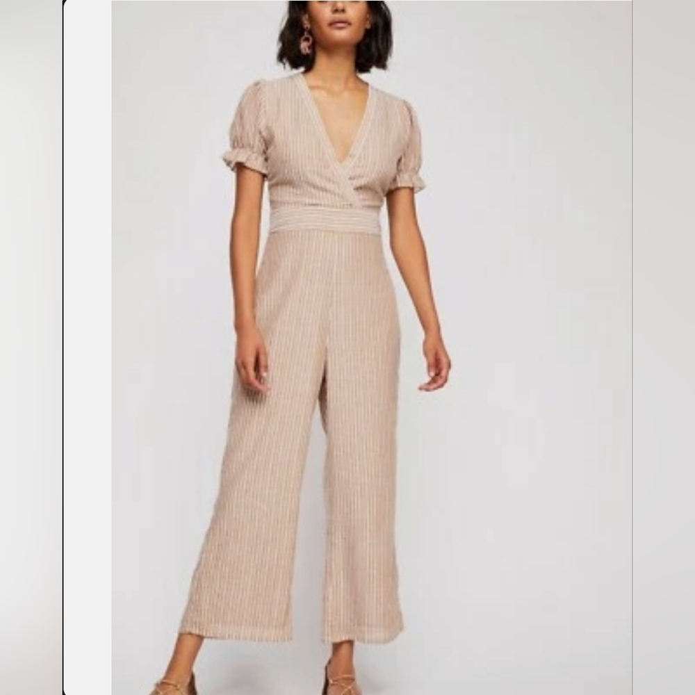 Free People Beige Striped Wide-Leg Jumpsuit